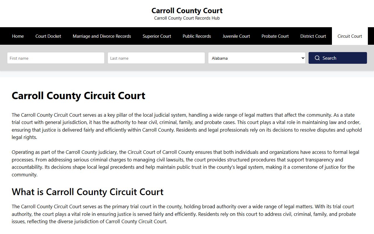 Carroll County Missouri Circuit Court website showing probate division contact information