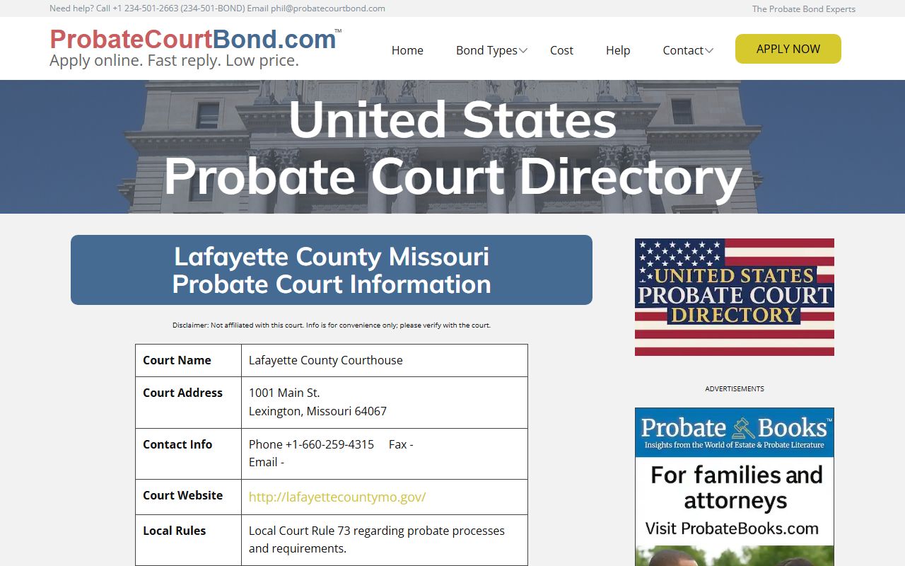 Lafayette County probate court records directory listing for Lexington, Missouri