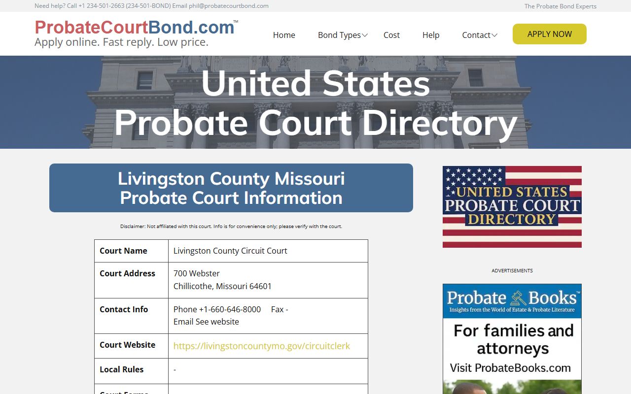 Livingston County probate court records directory listing for Chillicothe, Missouri