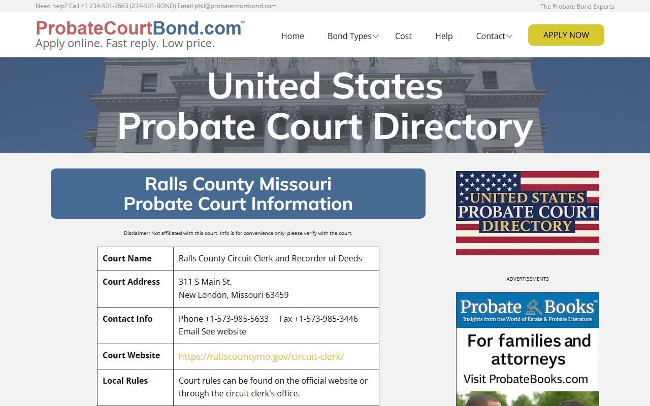 Ralls County probate court records and circuit court information in New London Missouri