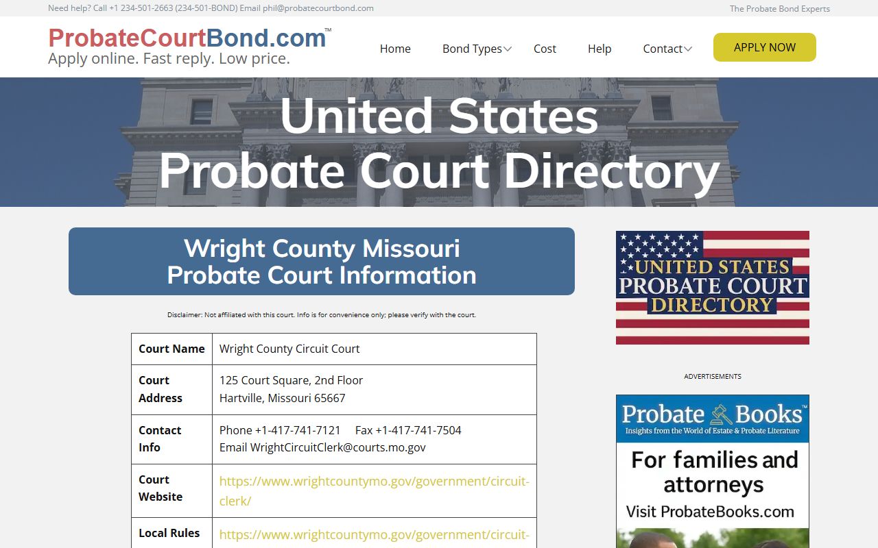 Wright County probate court records - circuit court contact information Hartville Missouri